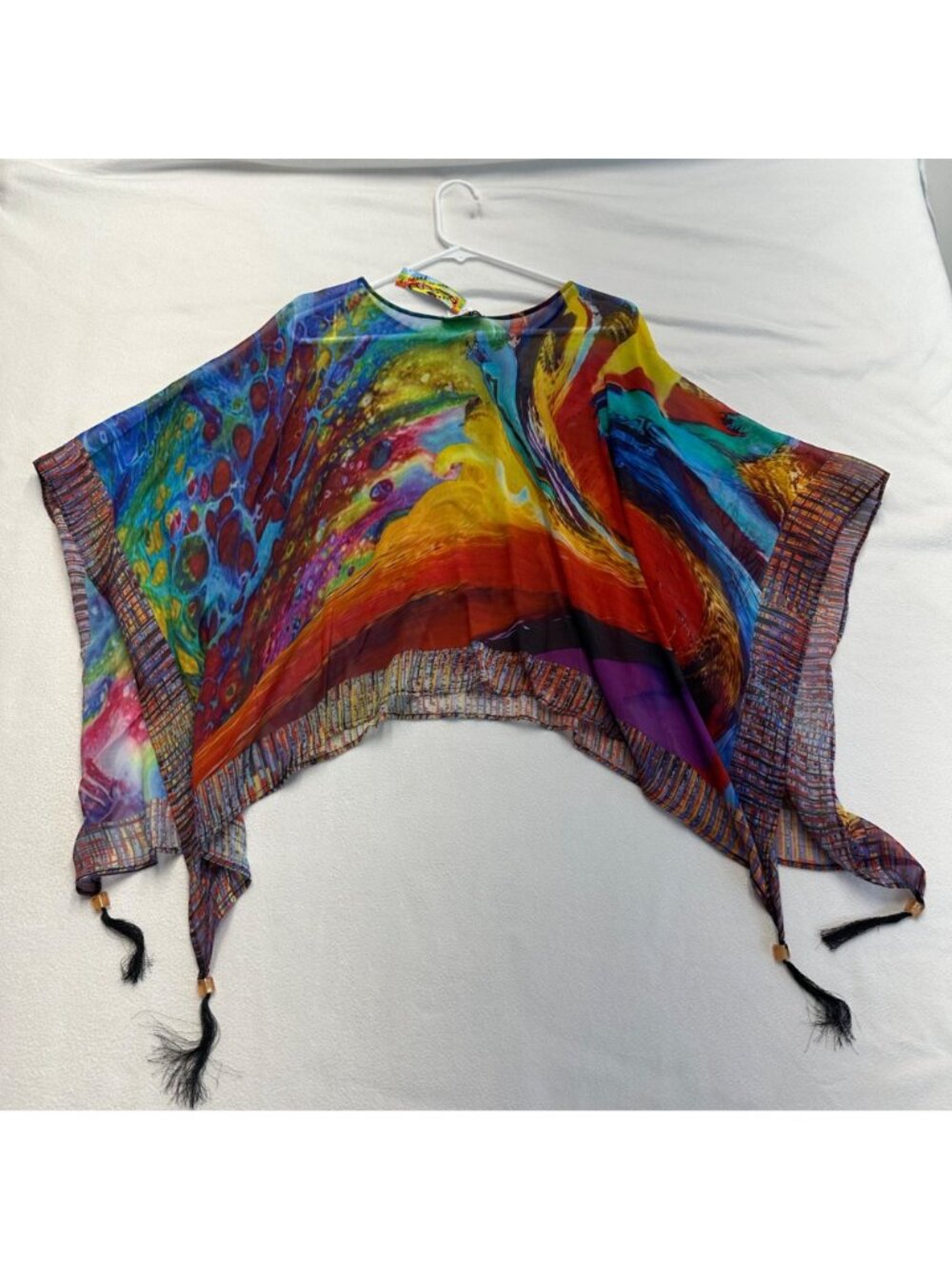 Dilemma New York Art to Wear Silk Poncho Rainbow Colorful Womens O/S Tassels - Picture 4 of 9